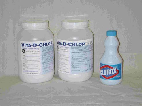 Large jars of Vita-D-Chlor and a bottle of Clorox